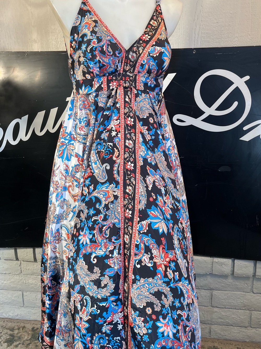 V-Neck Paisley Maxi Dress in Black and Blue